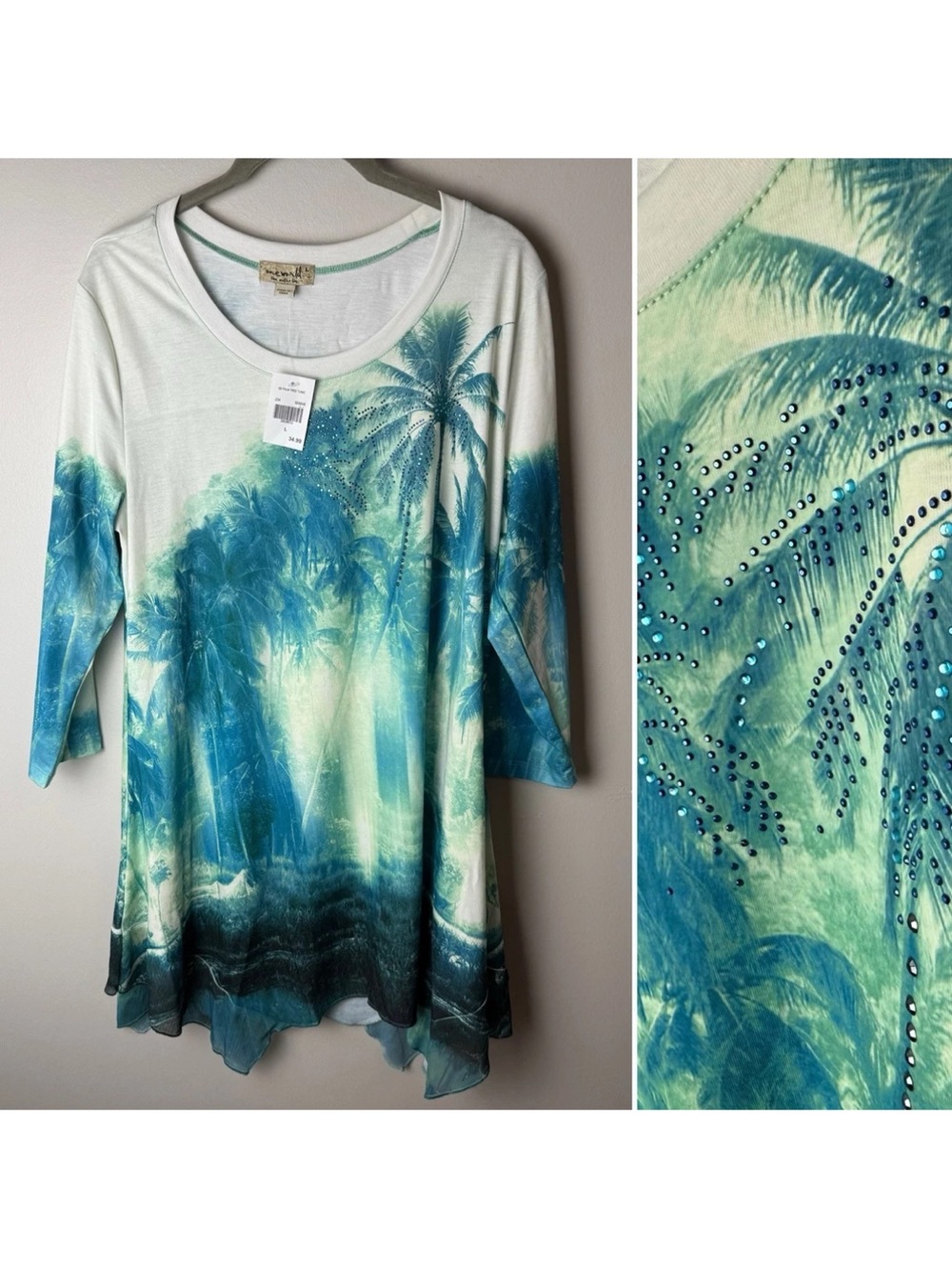 NEW One World Tunic Top 3/4 Sleeves Bling Front Tropical Palm Trees Blue Green